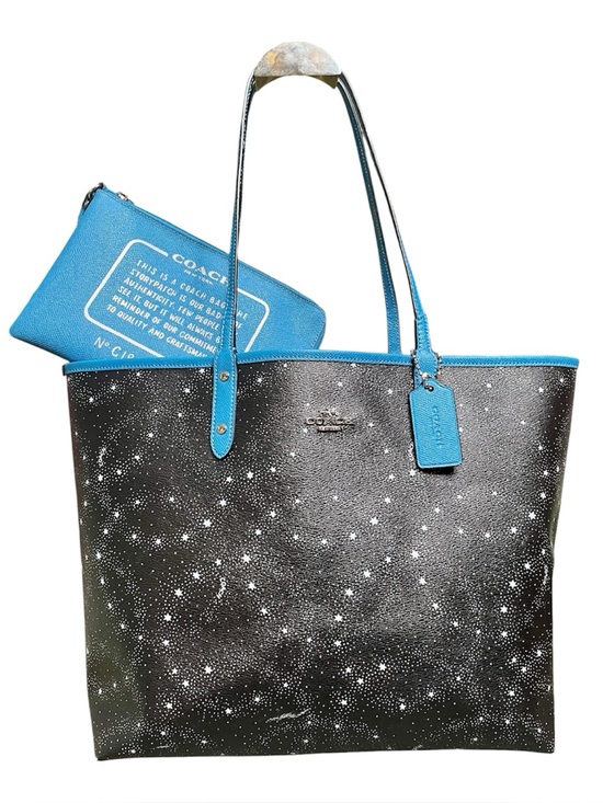 Coach Handbags - Coach Galaxy Black Star Print & Blue Reversible City Tote w/ Removable Zip Pouch